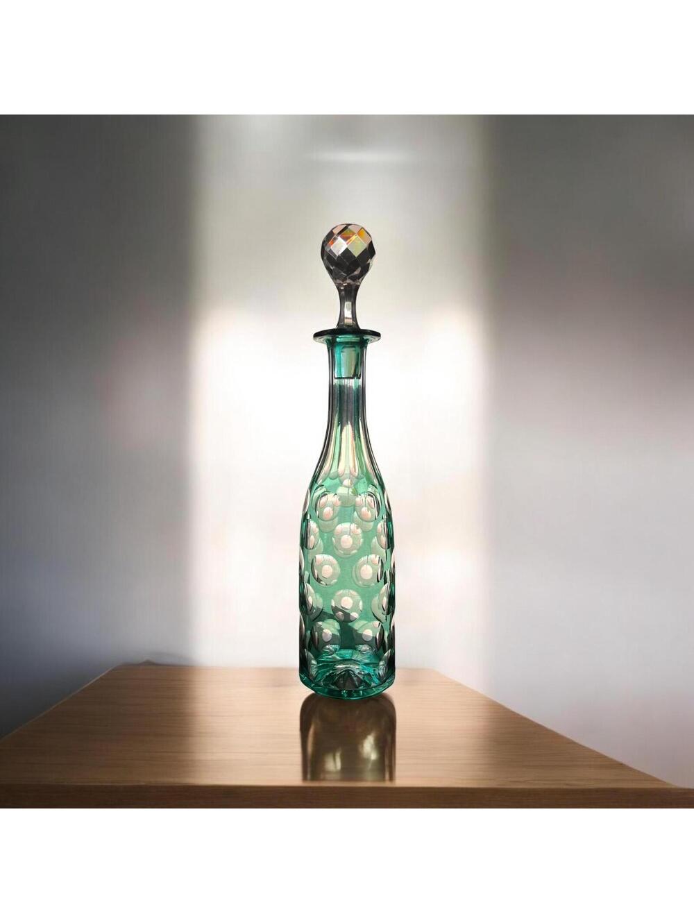 Bohemian Teal cut Clear Wine Decanter Multifaceted Crystal Stopper 13 1/2”